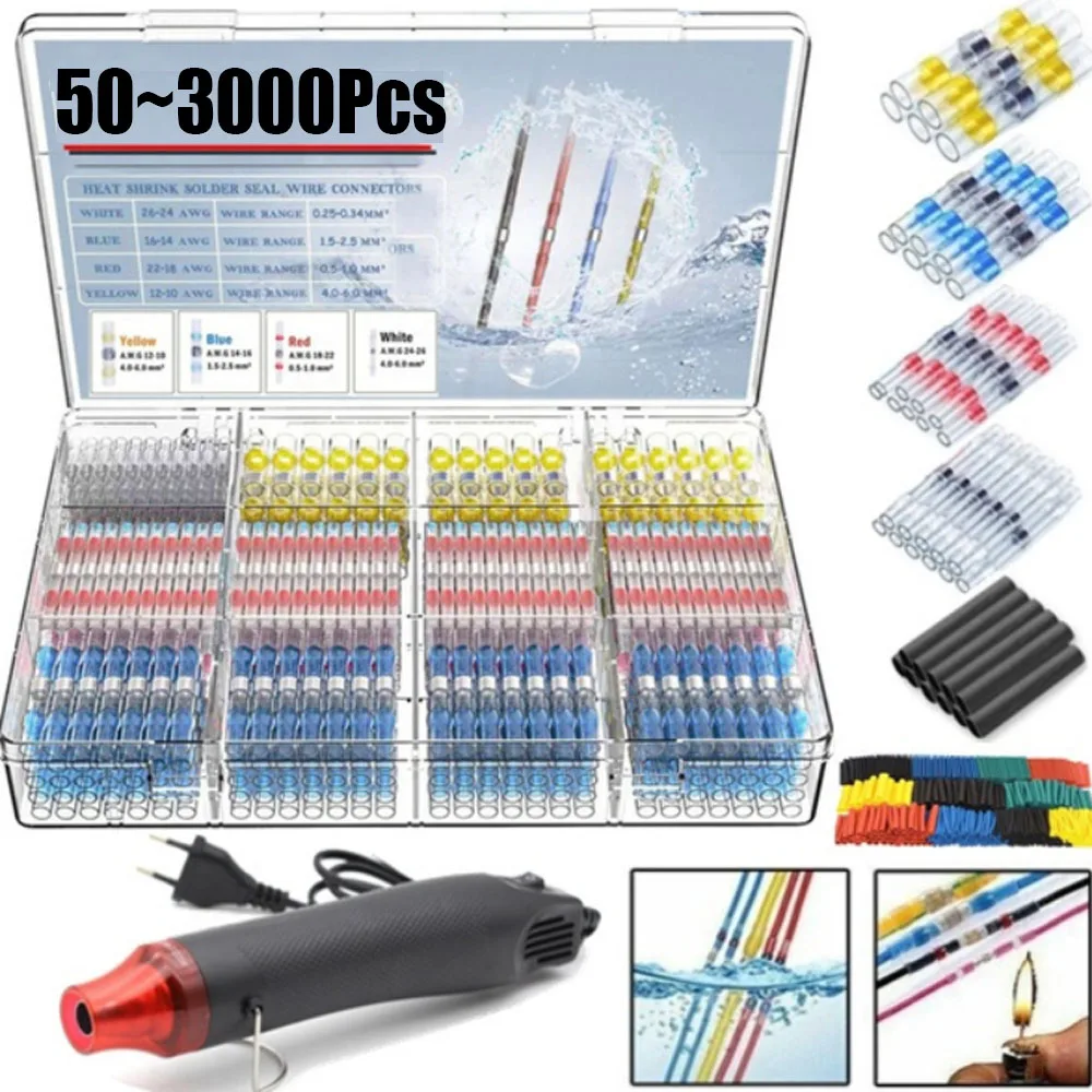 50-3000Pcs Heat Shrink Butt Crimp Terminals Waterproof Solder Seal Electrical Butt Connectors Wire Cable Splice Terminal Kit 50 pcs solder terminals kit solder seal wire connectors heat shrink solder butt connectors automotive marine insulated