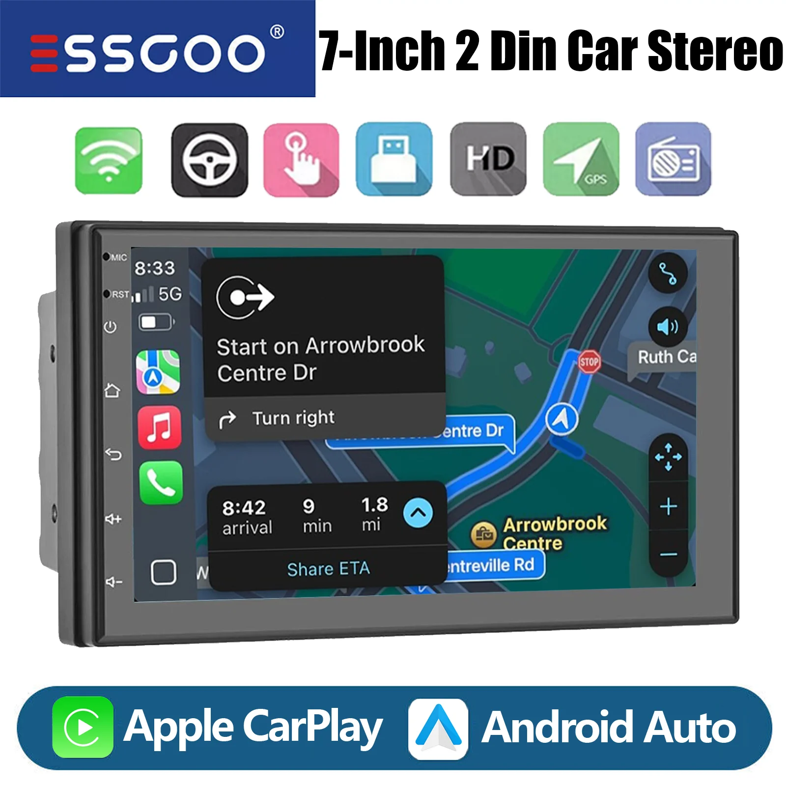 ESSGOO 7inch HD Touchscreen Double 2 DIN Universal Car Stereo Apple CarPlay Android Auto TF FM USB Type C Mirror Link MP5 Player