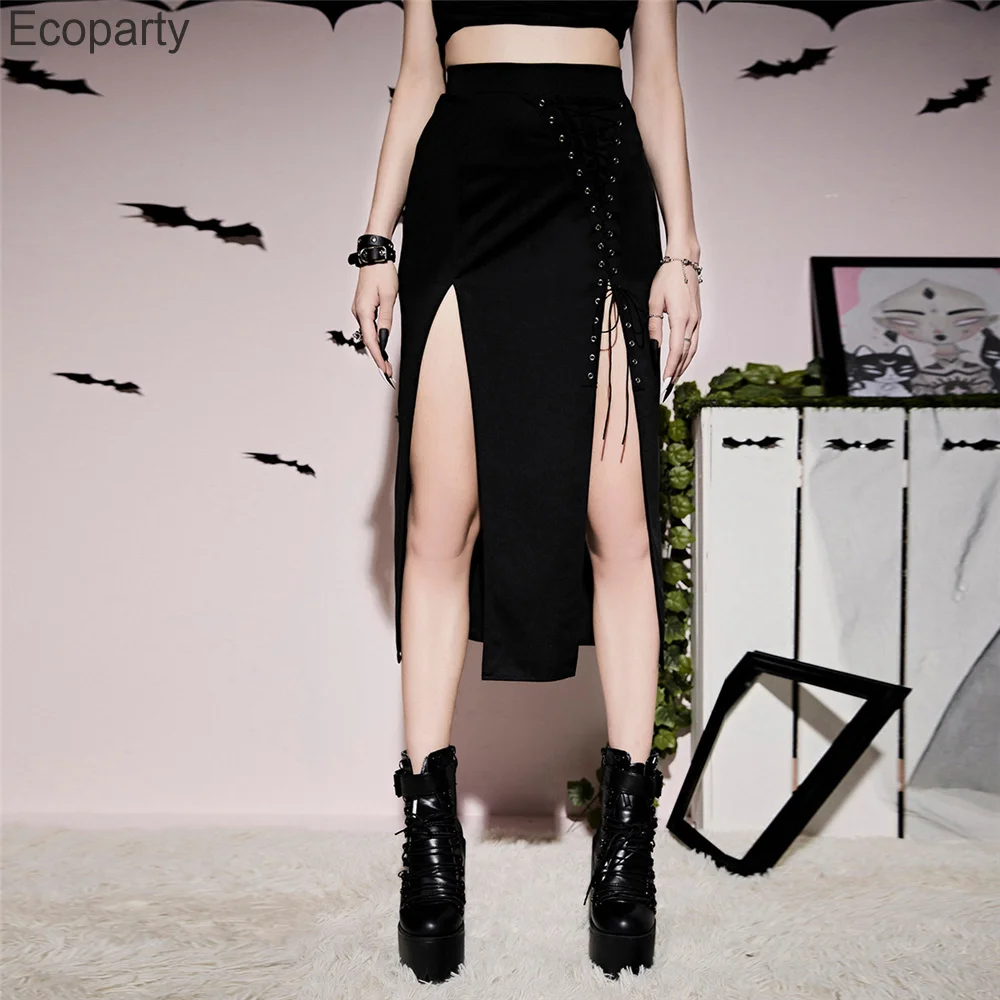 

Women's Fashion Gothic High Split Skirt Sexy Black High Waist Irregular Lace Up Design Skirt Girls Y2k Harajuku Trend Dress Up