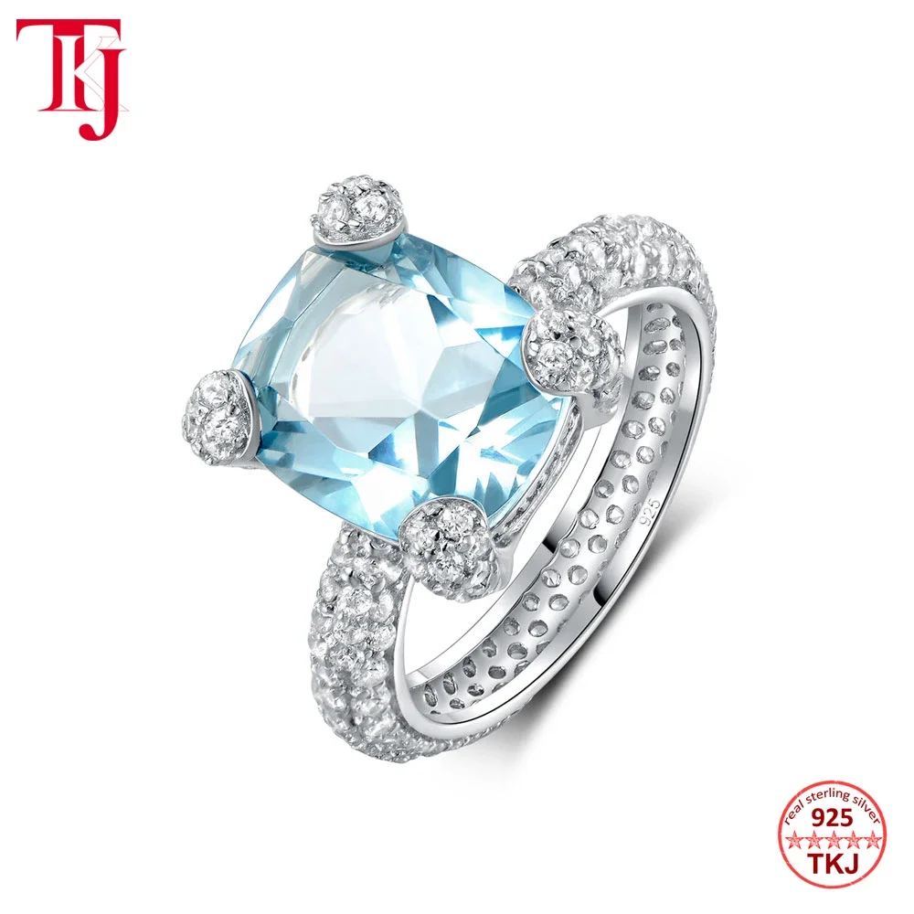 

TKJ 925 Sterling Silver Studded Artificial Gemstone Blue Topaz Glass Crystal New Women's Ring Party Jewelry