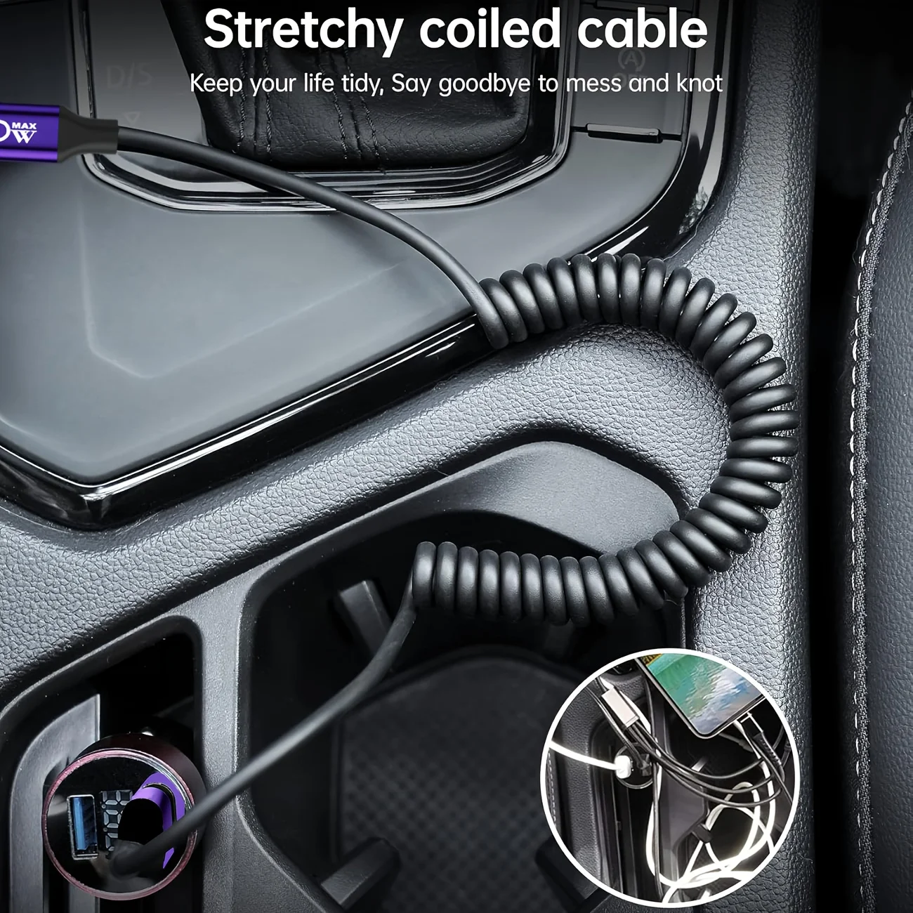 High-Speed Right-Angle Coiled USB-A to Type-C Car Charging Cable, 5-Foot Length