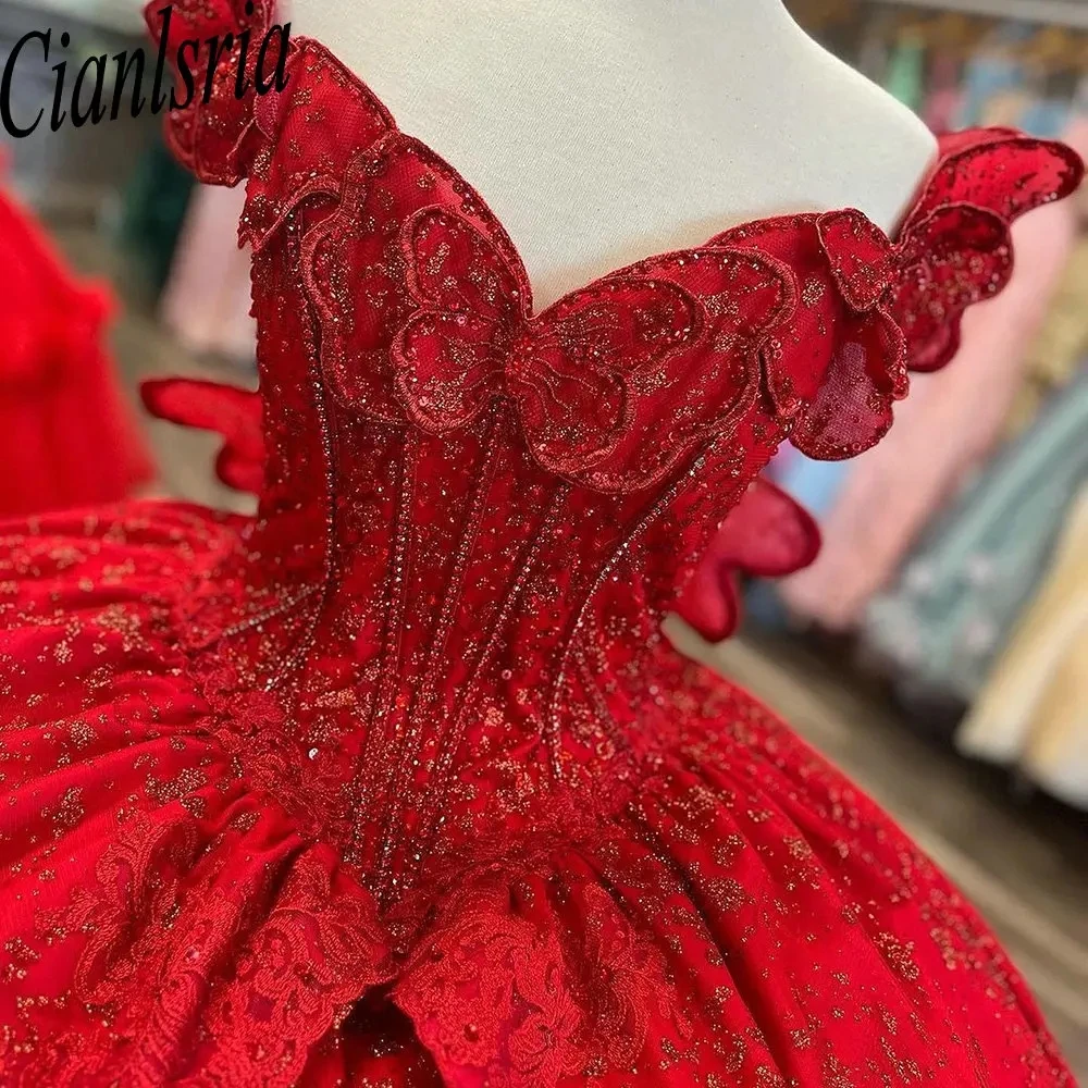 Red Glitter Crystal Sequined Beading Quinceanera Dresses Ball Gown Off The Shoulder 3D Butterfly Bow Corset Vestidos De 15 Años