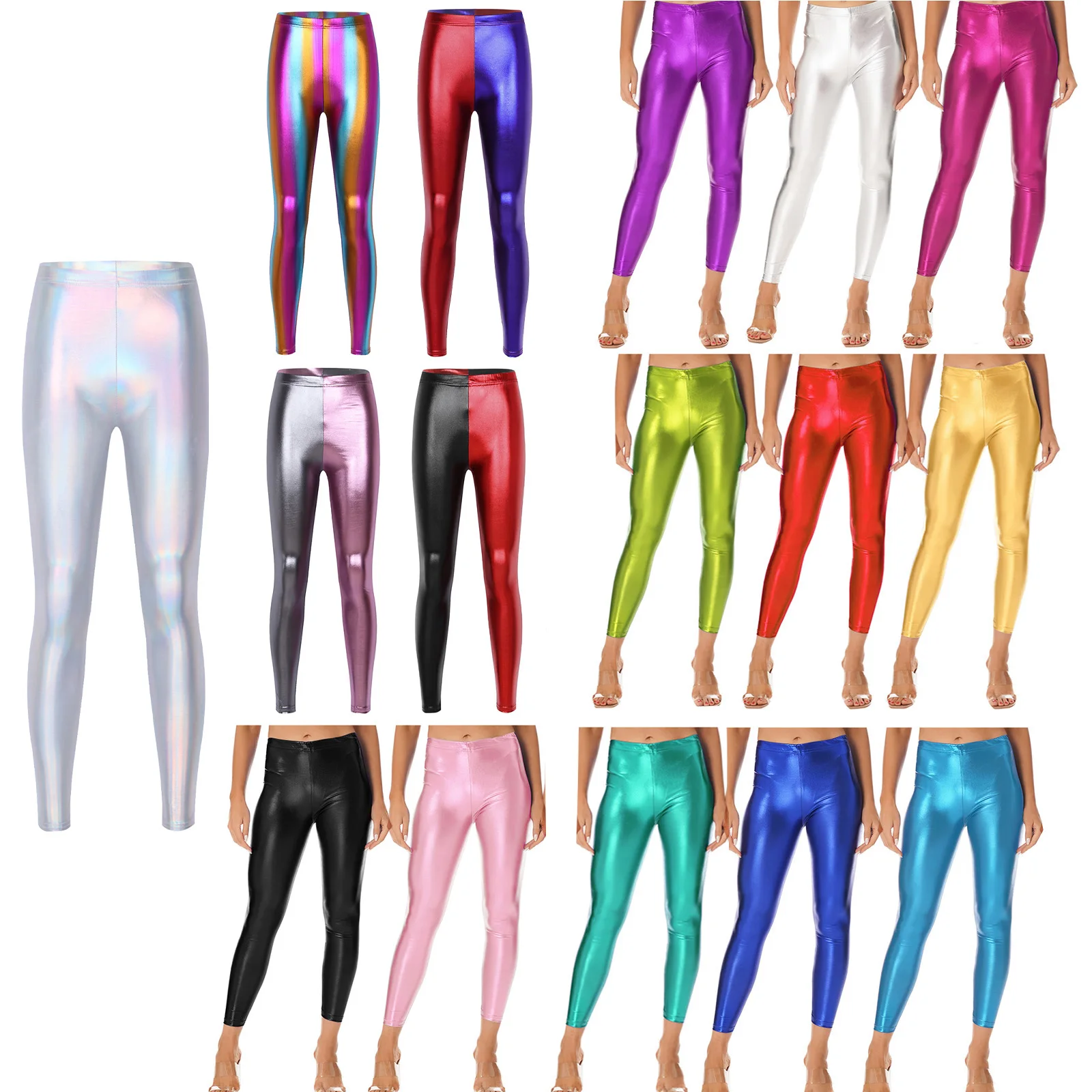 

Sexy Slimming Mid Waist Elastic Waistband Skinny Pants for Outdoors Workout Yoga Pub Womens Metallic Faux Leather Leggings Shiny