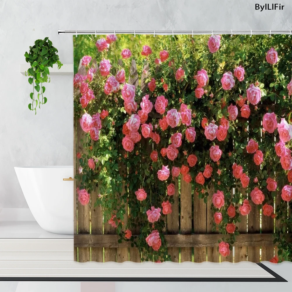 Spring Garden Shower Curtains Pink Rose Wooden Fence Flowers Plants Bathroom Decor