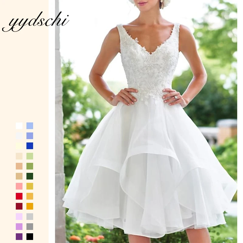 

V-Neck Wedding Dress Sexy Bridal Applique Vintage A-Line Lace White Sexy Sleeveless Knee Length Dress Cascading Ruffles 2022