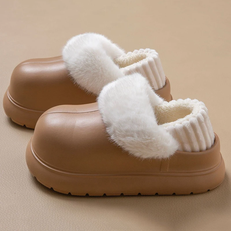 Fashion Chunky Platform Plush Slippers Women Outdoor Non Slip Waterproof Cotton Padded Shoes Woman Comfort Warm Fluffy Slippers