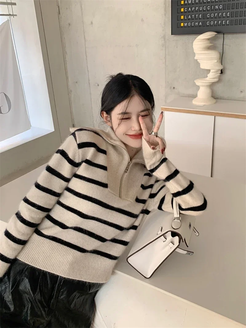 Women's Autumn Winter New Fashion Retro Lapel Half Zipper Contrasting Stripes Sweater Casual Long Sleeved Loose Knitted Coat