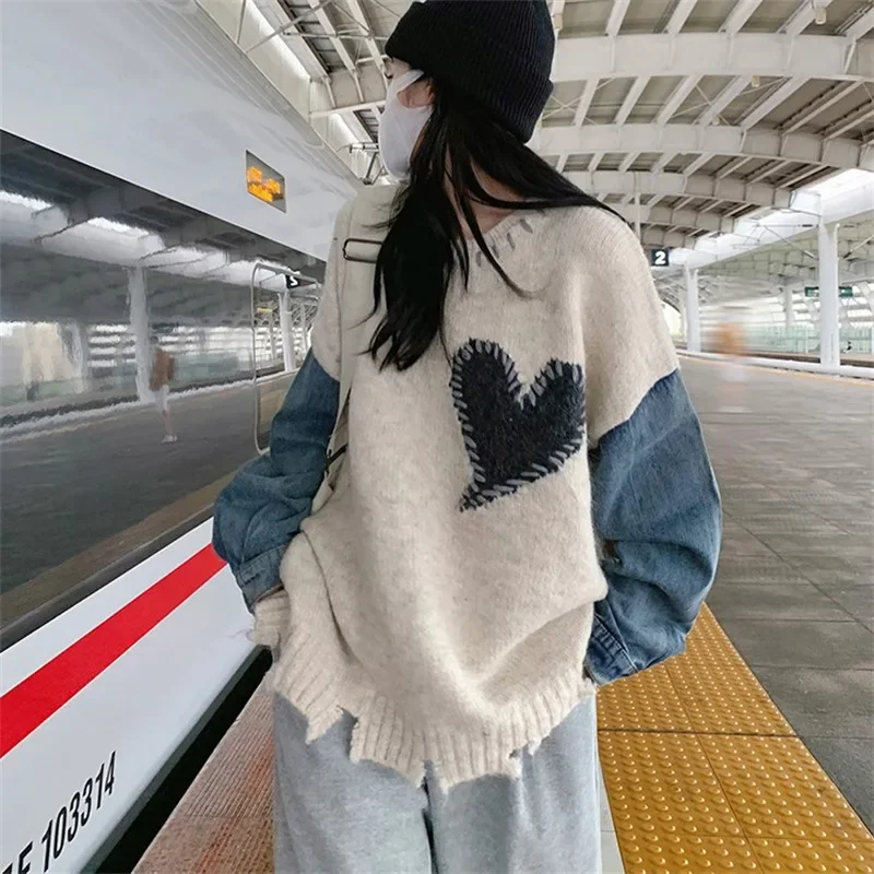 女性用長袖デニムセーター,ヴィンテージパッチワークセーター