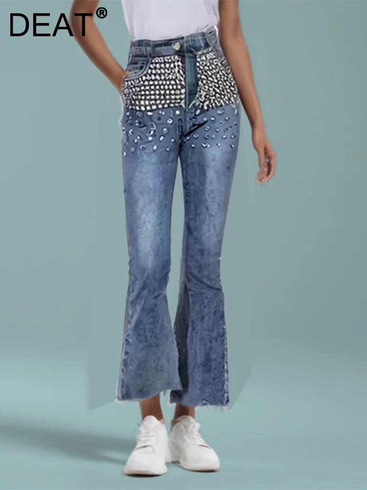 

DEAT New Fashion Women's Diamonds Design Flare Jeans 2024 Autumn Trendy High Waist Button Pocket Denim Pants Female 33A1628