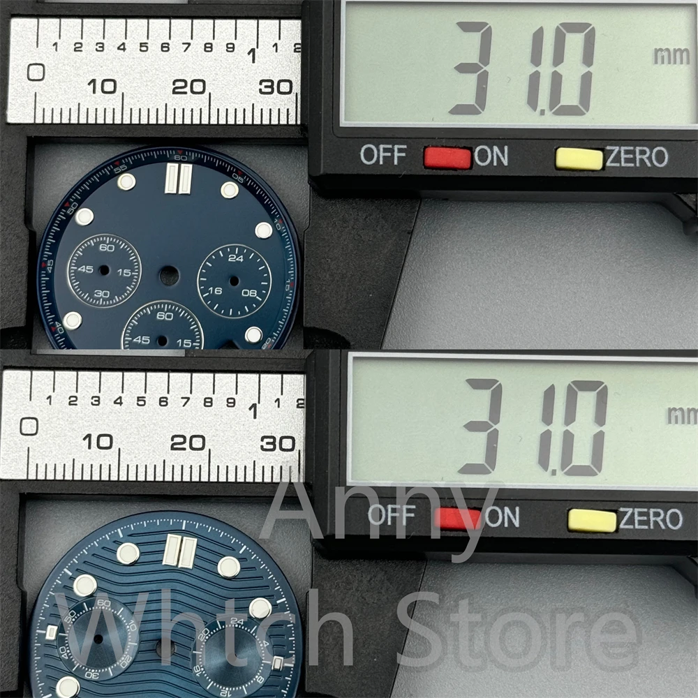 Green Luminous Chronograph Watch Dial with Date Windows, 31mm