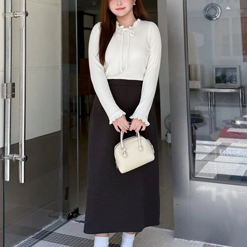 4XL Fashion Plus Size Women's T-Shirt Premium Preppy Style Ruffle Collar Knitted Texture Beige Base Top 9401