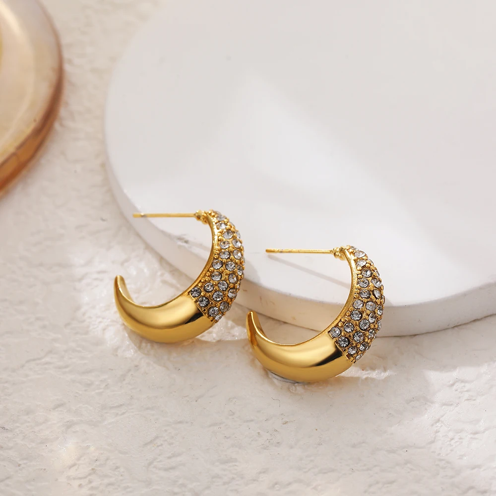 Sparkling Zircon C Shape Hoop Earrings for Women Stainless Steel Sleek Thick Ear Hoops Simple Daily New Jewelry Femal Party Gift