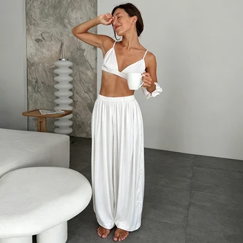 Hiloc Elegant Satin Trousers 2 Piece Set Pajamas Women Casual Crop Top Vest With Wide Leg Pants Suits Summer Sexy Sleepwear 2026