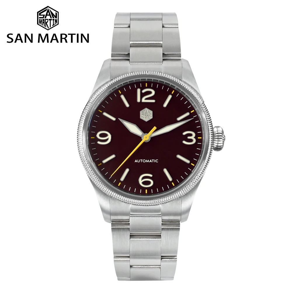 San Martin 2023 New 38.5mm Retro Men Pilot Watch Original Design Carved Coin Bezel YN55 NH35 Automatic Mechanical Sapphire 10Bar