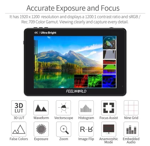 FEELWORLD LUT7 LUT7S PRO 7 Inch 2200nits 3D LUT Touch Screen DSLR Camera Field Director AC Monitor 4K HDMI-compatible for Gimbal