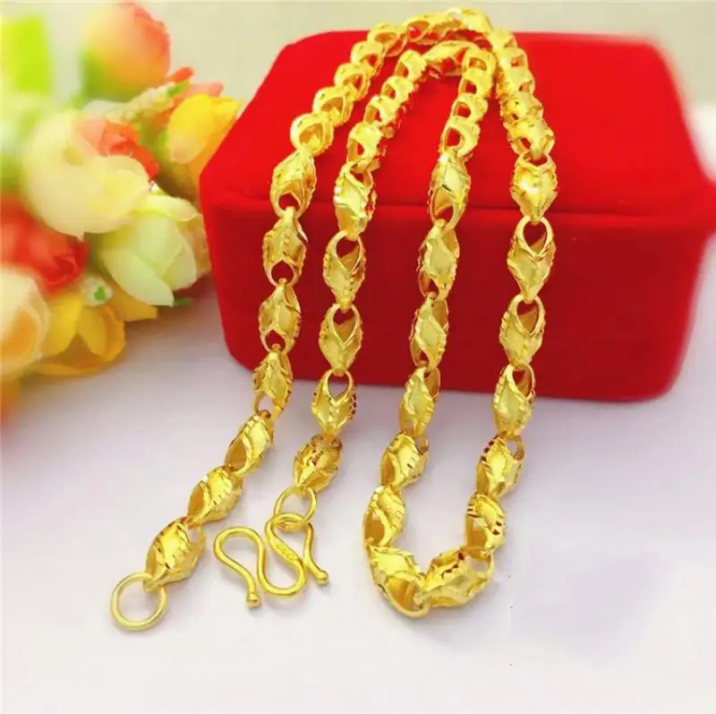 HOYON 24K Yellow Gold Color Men's Car Flower Sunflower Seed Necklace Sand  Gold Ladies 7.5mm width 60cm length Necklace Jewelry