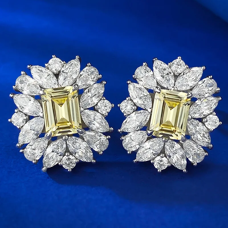 

2023 new 925 silver European and American luxury set 6 * 8 yellow diamond emerald cut earrings cross-border model