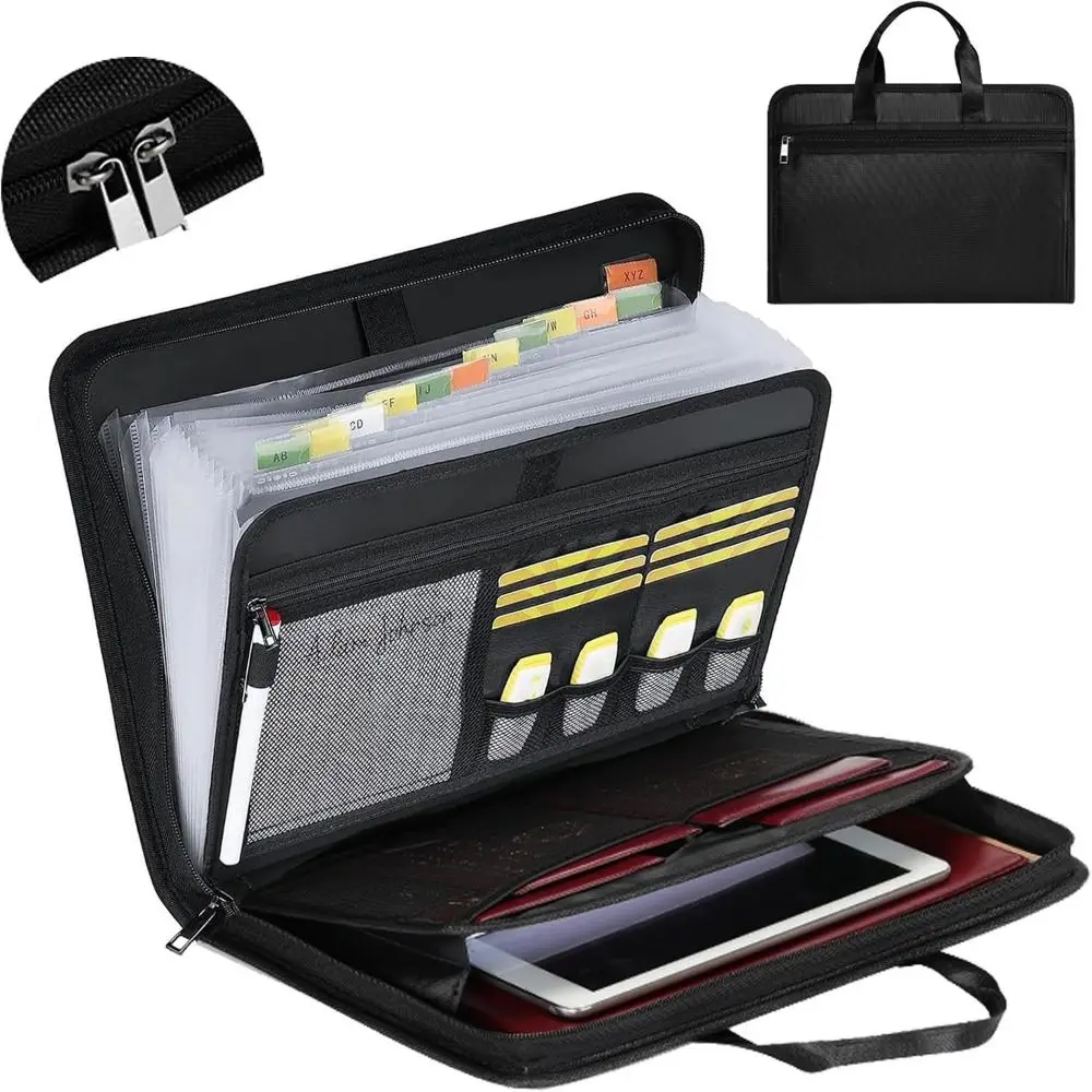 13 Pockets Accordion Organizer With Zipper & Labels Portable Expanding File Folder Fireproof Document Bag Business_voghion.com