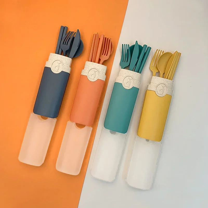 Wheat Straw Dinnerware Set 4pcs Portable Tableware Knife Fork Spoon Chopsticks Set Travel Cutlery Eco-Friendly Utensil Box cutlery set,western style cutlery set,picnic cutlery set,stainless steel cutlery set,picnic tableware,camping cutlery set,wooden cutlery set