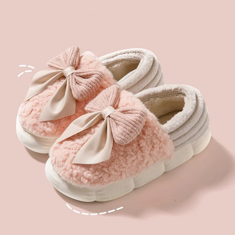 Bowknot Detor Home Cotton Slippers Women Indoor Comfortable Bag Heel Warm Plush Cotton Shoes Woman Thick Sole Living Room Shoes
