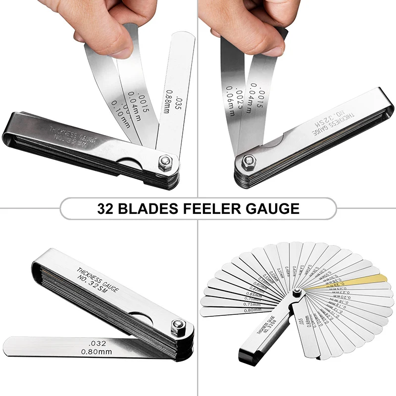 32 Blades Metric Feeler Gauge 0.04-0.88mm Thickness Gages Gap Filler Feeler Gauges Woodworking Measuring Tools