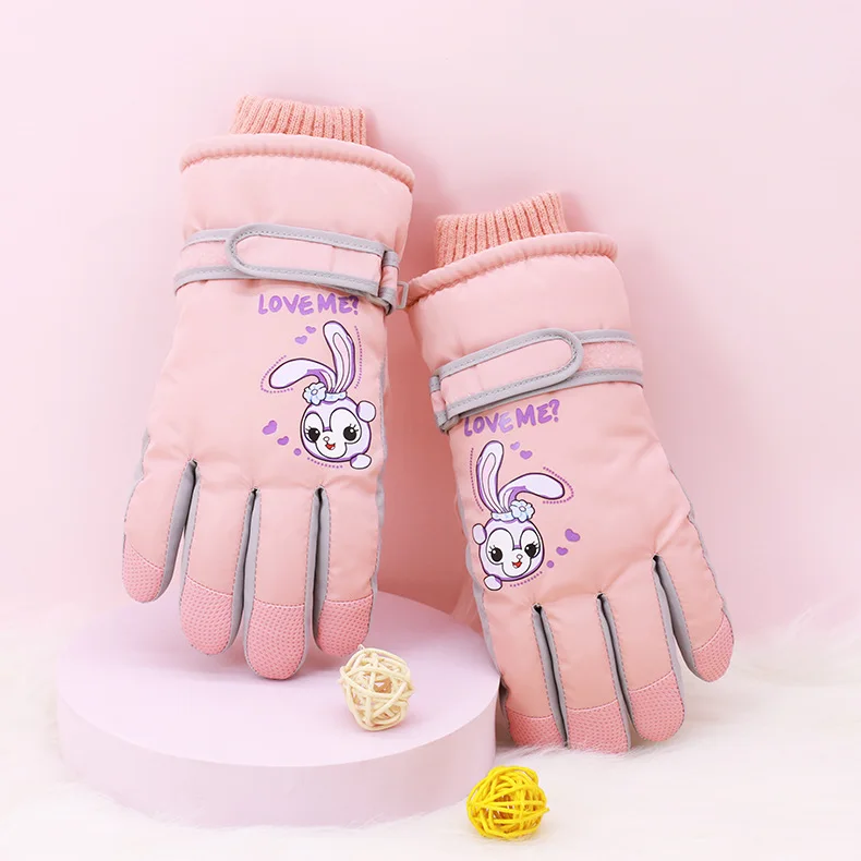 New children's ski gloves winter baby girl cute cotton warm velvet thickened 10-year-old boy winter snow waterproof