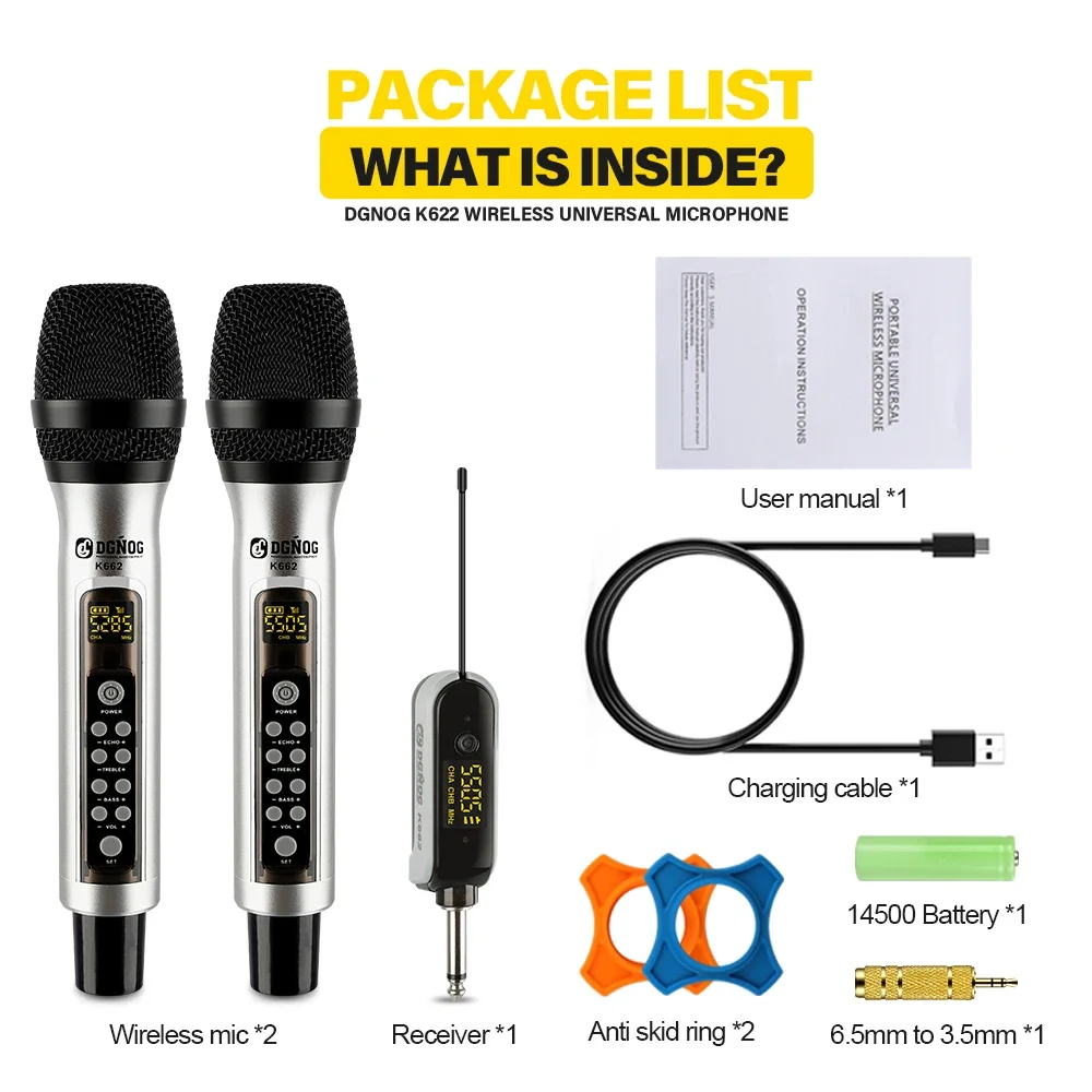 Canais de Metal Microfone sem Fio com Eco Agudos Baixo Karaoke Uhf Duplo Handheld Dinâmico Sistema Microfone para Cantar pa Alto-falante 2 - Image 4