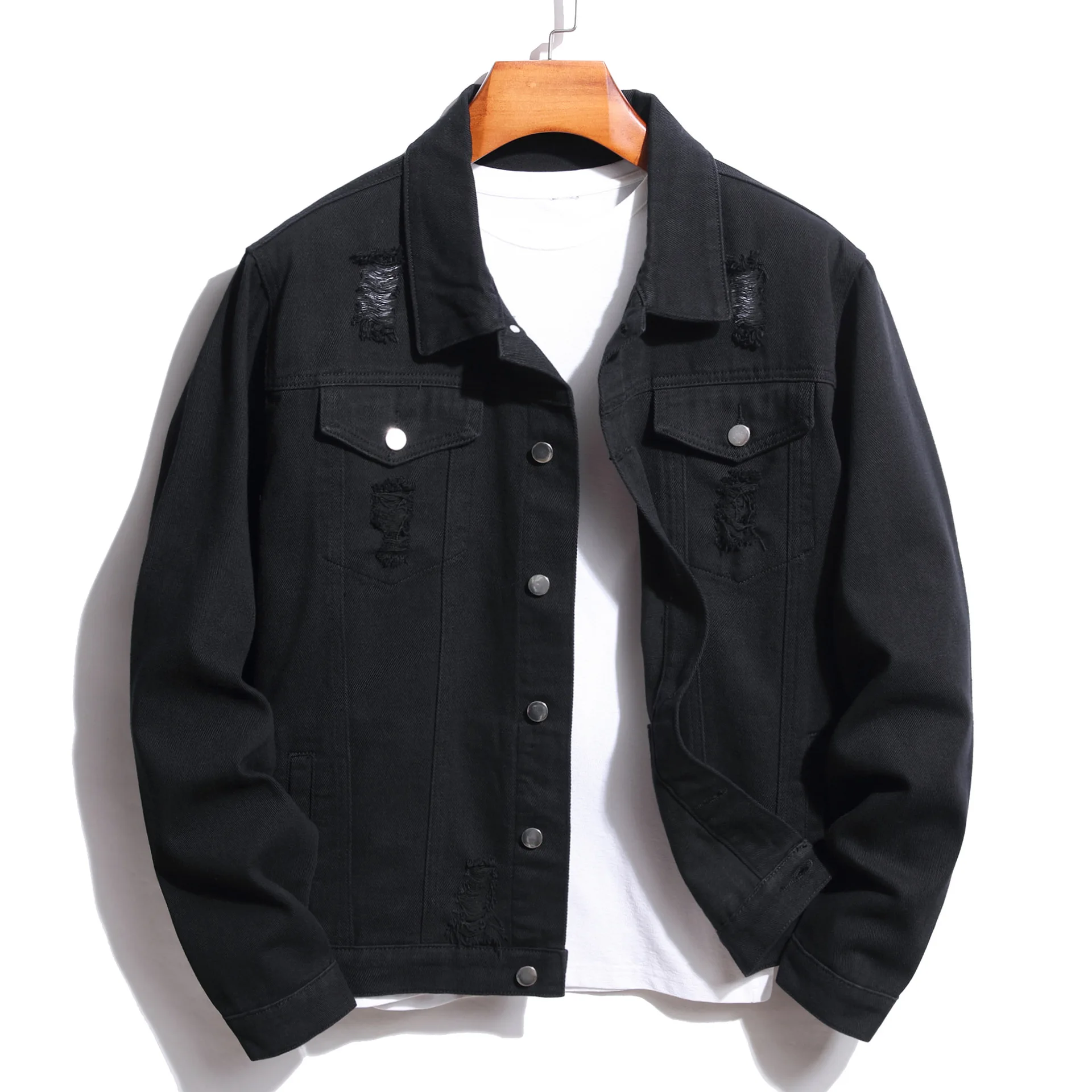 

Spring Autumn New Men's Jean Jacket Slim Fit Cotton Denim Jacket Red White Black Ripped Hole Jean Coats Men Outwear Plus size 15