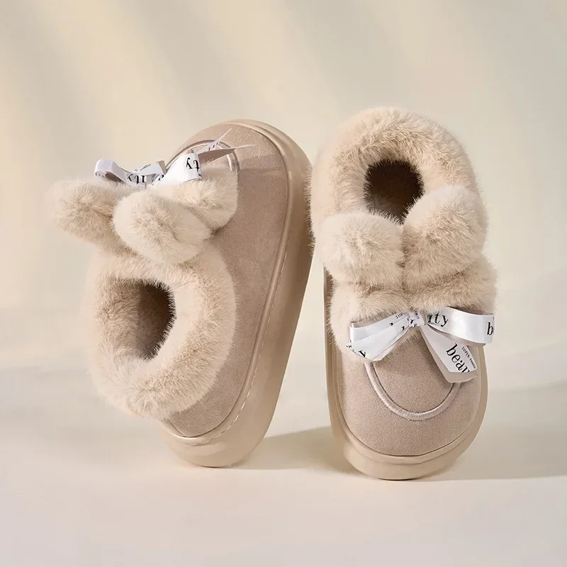 Winter Cute Children's Bow Tie Warm Plush Slippers Soft Sole Non-slip Girls Indoor Home Heel Wrap Cotton Shoes