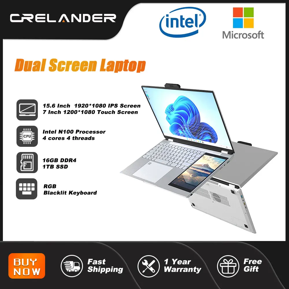 Dual Screen Laptop 7 Inch Touch Screen Metal Case RGB Backlit Fingerprint Unlock Window 11 Ultrathin Notebook