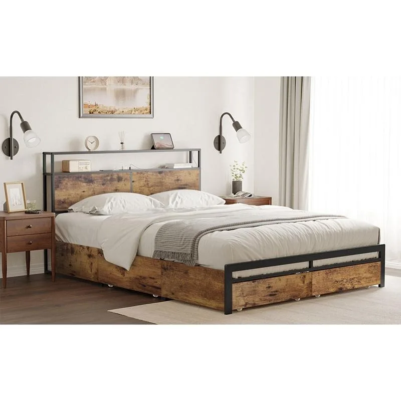 

Queen Platform Bed Frame w/ Headboard, Drawers & Outlets, Rustic Brown
