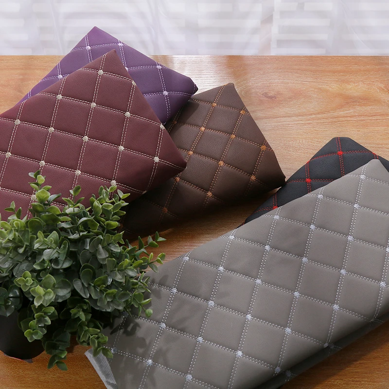 Embroidered Plaid Quilted PU Leather Fabric for DIY Upholstery Projects