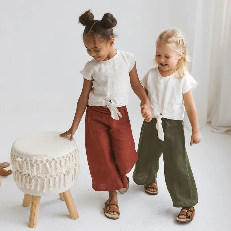 Girls Summer Cotton And Linen Loose Wide-Legged Pants