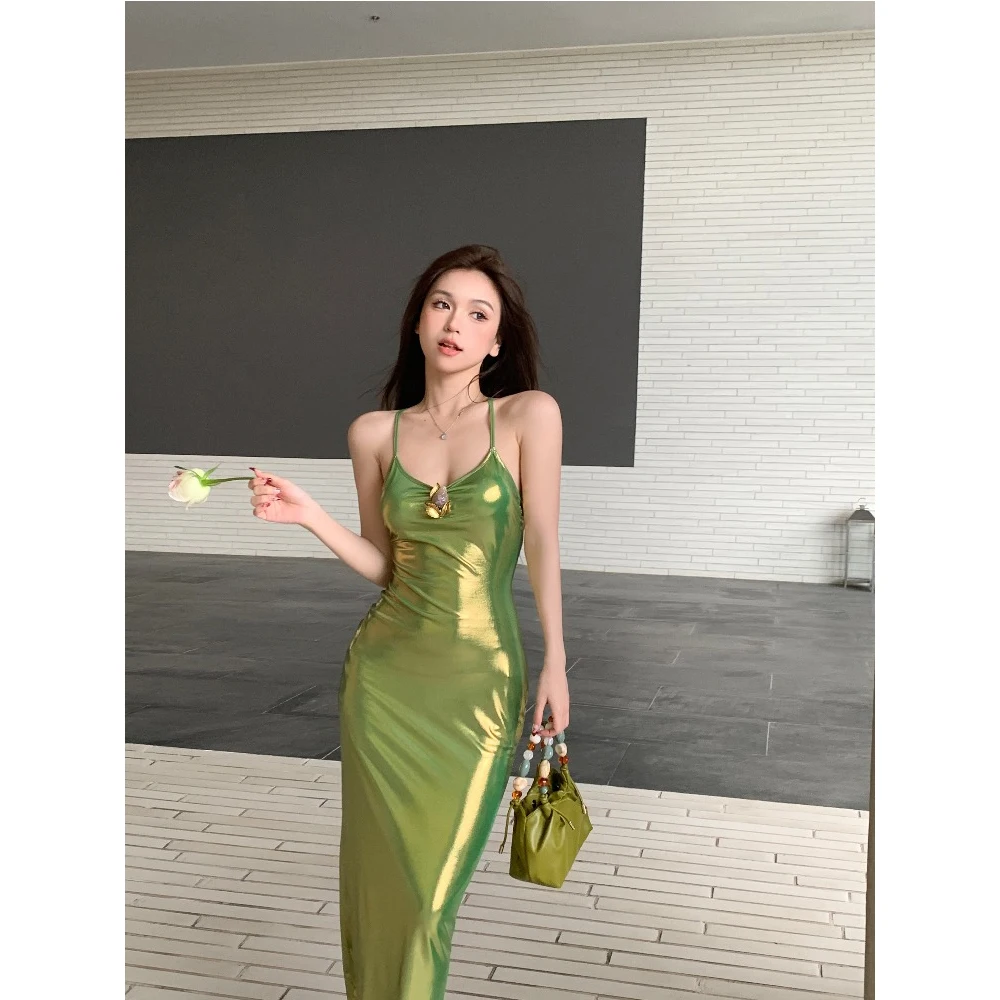 

Women Sexy Slim Green Dresses Backless Spaghetti Strap Slim Hips Long Vestidos Female Summer Fashion Soft Gradient Frocks