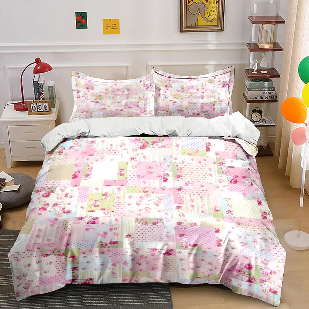 Chic Floral Patchwork Bedding Set 3PCS Vintage Pink Rose Print Duvet Cover with Pillowcases Cottage Style Bed Linen for Girls 4