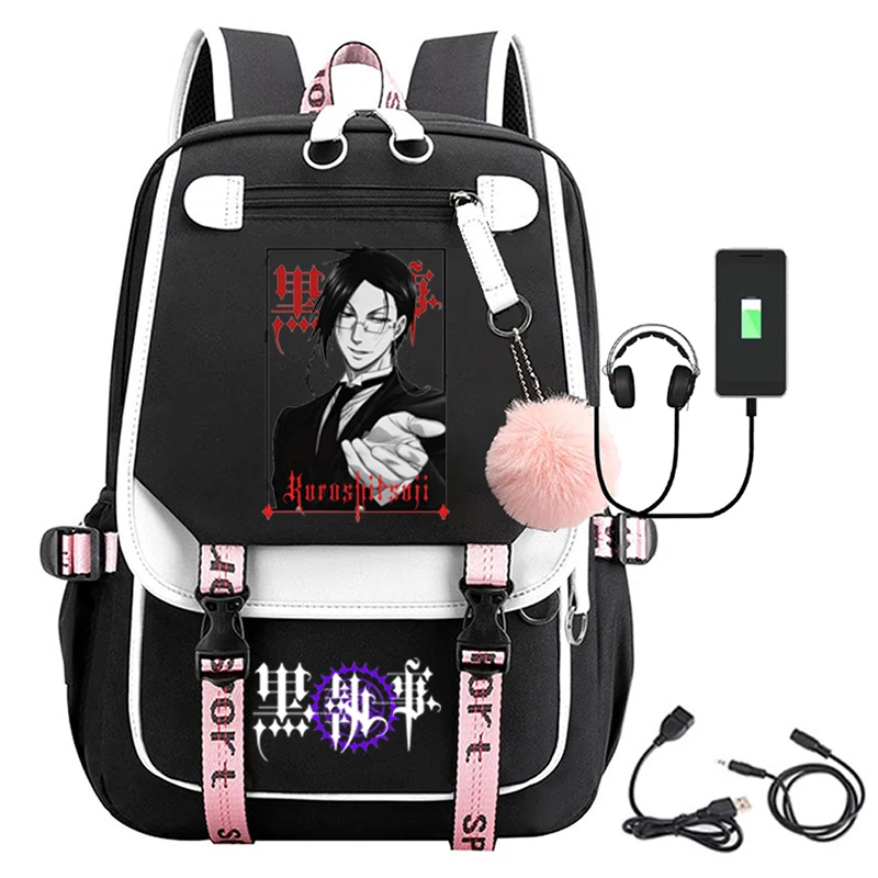 블랙 집사 애니메이션 USB 포트 배낭 나일론 학교 책 학생 여행 가방, 노트북 캐주얼 대형 메신저 백