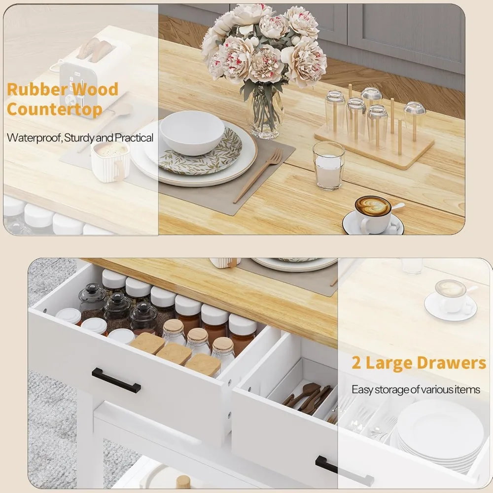 47.3" Solid Rubberwood Kitchen Island with Power Outlets - Extra Large Work Surface, 2 Drawers & Open Shelves Storage Cabinet 5