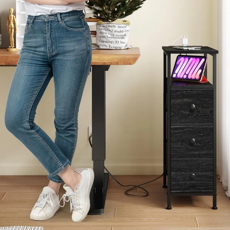 Narrow Side Table with Charging Station, Small Nightstand with 3 Fabric Drawers, Skinny Bedside Table, Slim End Table for 4