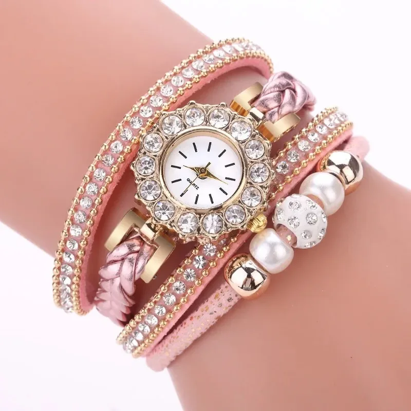 New Women's Vintage Multilayer Rhinestone Leather Bracelet Watches Ladies Quartz Wristwatches Gifts
