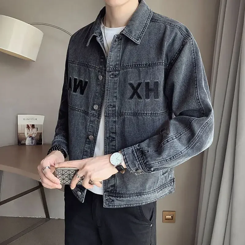 

Jeans Coat for Men Button Denim Jackets Man Gray Slim Fit Low Price Fast Delvery Trendy Washed Branded Clothing Big Size Korea G