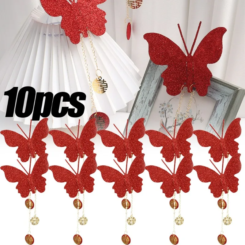 

1/10pcs Red 3D Butterfly Simulation Butterfly Valentine's Day Wedding Party Decoration Gold Sparkling Tassels Bedroom Wall Decor