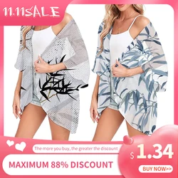 Women Chiffon Swimsuit Cover Ups Leaf Print Tops Coat Bikini Kimono Cardigan Blouse Resort Wear Bathing Suit Sunscreen Clothing
