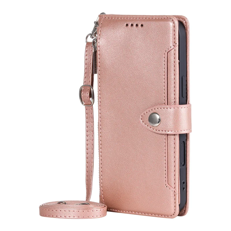 Solid Color Wallet Case with Long Strap and Zipper Leather Bag