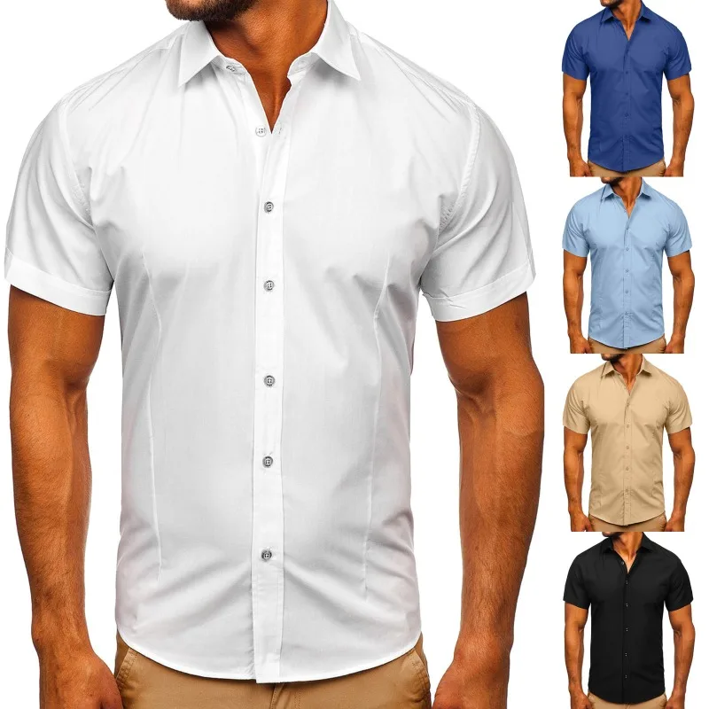 2024 European and American Men's Short Sleeved Shirts, New Summer Youth Business Dress, Solid Color Short Sleeved Shirts