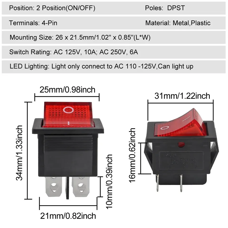 Heavy Duty Switch For Appliances 2 Pack 30A 250V Rocker Switch, Red LED ...