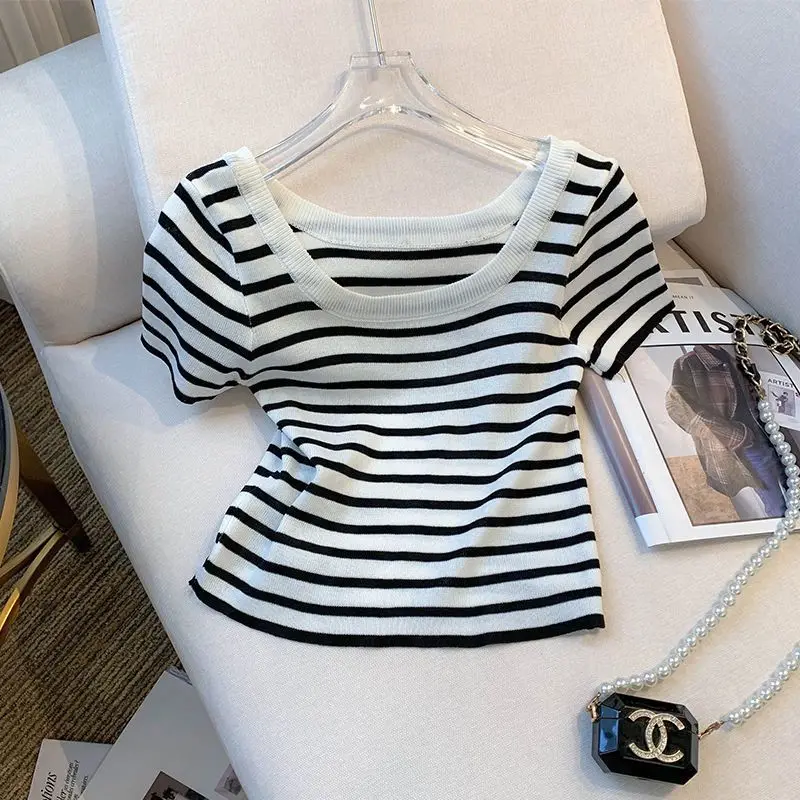 

Women Sweater Short Sleeve Striped Korean Fashion Knitted Top Summer Chic Retro Preppy Mujer Clothes
