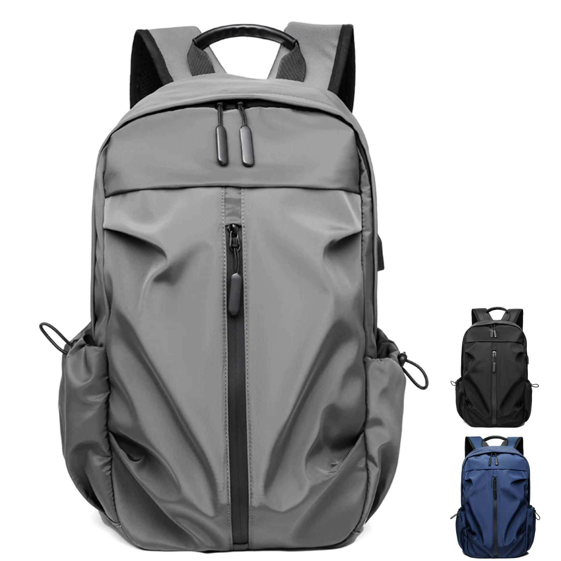 

USB Backpack Men Nylon Waterproof Travel Bag New Simple Pure Color Backbag Leisure Light Fitness Male Bag Sports Bag Black Gray