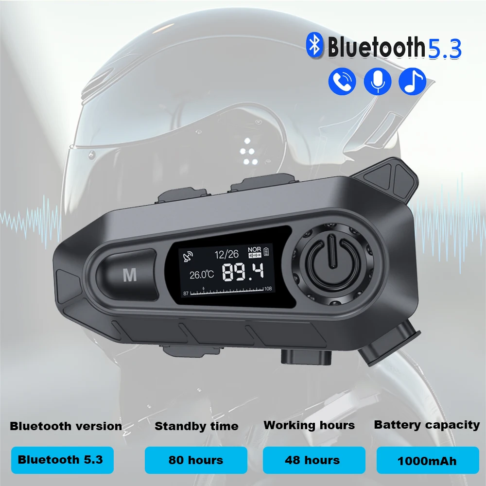 

Motorcycle Helmet Headset BT5.3 Wireless Handfree Call Waterproof Moto Headphone with FM Radio Music Share LED Display For Rider