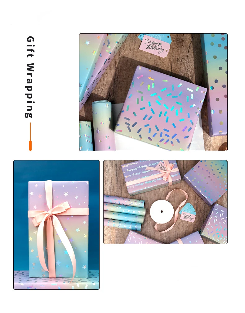 43x300CM Geschenkpapierrolle mit Laser-Regenbogen-Punkten und Sternen-Design für Valentinstag, Geburtstage, Hochzeiten, Abschlussfeiern – Detail 1