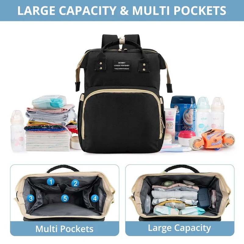 2023 New Diaper Bag Backpack Foldable Baby Crib with Changing Pad USB Interface Babies Bags Station Pañaleras Para